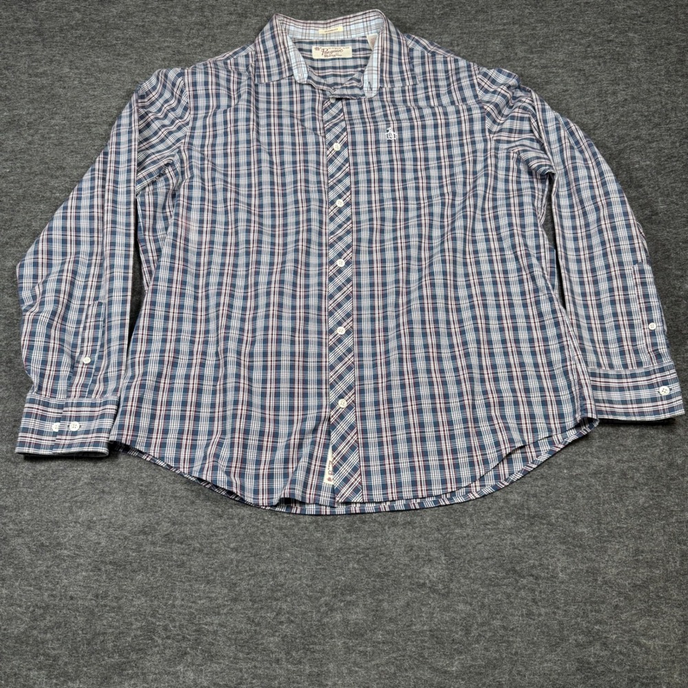 Original Penguin Men‎ Plaid Long Sleeve Button Down Shirt Classic Fit Blue Red